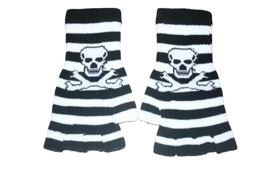 Black and White Skull Fingerless Gloves - Accessories