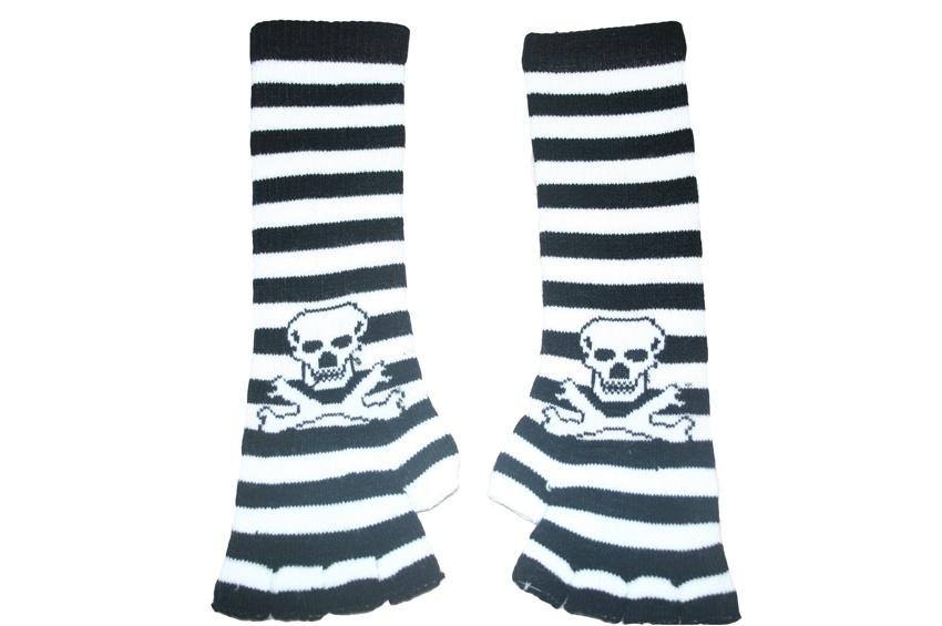 Black and White Skull Arm Length Fingerless Gloves - Accessories