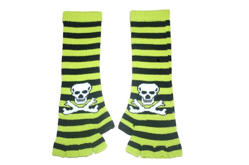 Black and Green Skull Arm Length Fingerless Gloves - Accessories