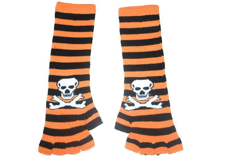 Black and Orange Skull Arm Length Fingerless Gloves - Accessories