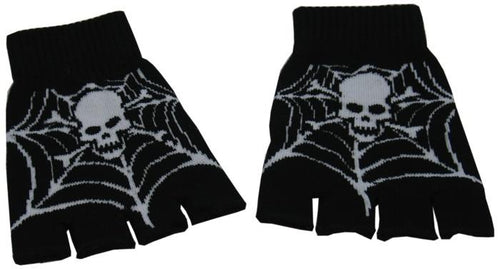 Black Fingerless Gloves with Skull and Cobweb Pattern - Accessories