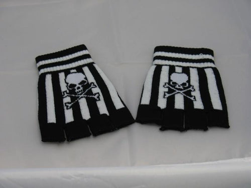 Black and White Striped Skull Fingerless Gloves - Accessories