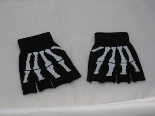 Black Fingerless Gloves with Skeleton Motif - Accessories