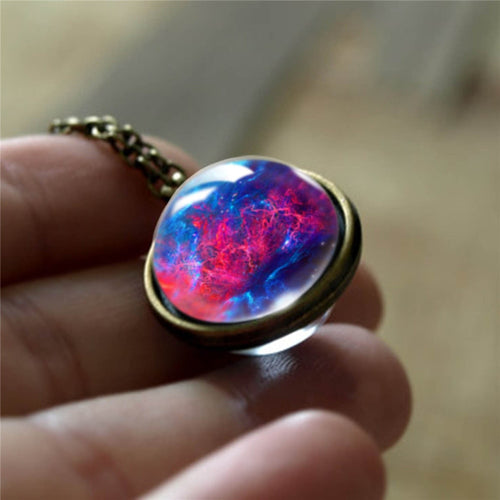 Nebula Galaxy Double Sided Pendant Necklace Glass Art Picture Handmade Statement Universe Planet Jewelry Necklace - 