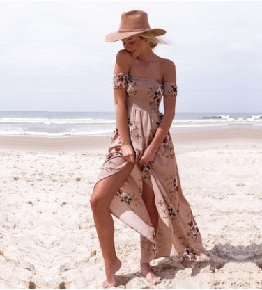 Lossky 2018 New Women Sexy Side Split Summer Dress Off Shoulder Vintage Print Maxi Dress Women Beach Dress Vestidos - 