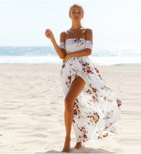 Load image into Gallery viewer, Lossky 2018 New Women Sexy Side Split Summer Dress Off Shoulder Vintage Print Maxi Dress Women Beach Dress Vestidos - 