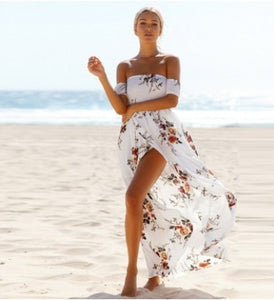 Lossky 2018 New Women Sexy Side Split Summer Dress Off Shoulder Vintage Print Maxi Dress Women Beach Dress Vestidos - 