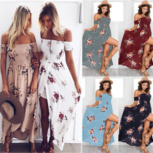 Lossky 2018 New Women Sexy Side Split Summer Dress Off Shoulder Vintage Print Maxi Dress Women Beach Dress Vestidos - 