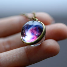 Load image into Gallery viewer, Nebula Galaxy Double Sided Pendant Necklace Glass Art Picture Handmade Statement Universe Planet Jewelry Necklace - 