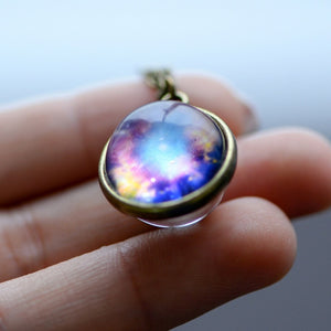 Nebula Galaxy Double Sided Pendant Necklace Glass Art Picture Handmade Statement Universe Planet Jewelry Necklace - 